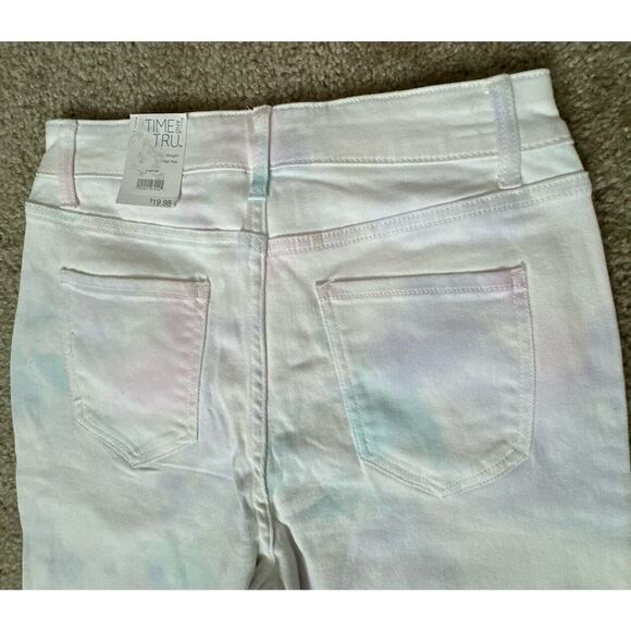 Time and Tru Straight High Rise White Denim Tie Dye Pants Pastel 6 NWT NEW - Picture 3 of 11